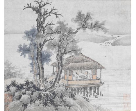 AnonymousProbably Ming DynastyLandscape with ScholarsAlbum leaf, ink and colour on paper, with four seals, cloth mount. 26cm 