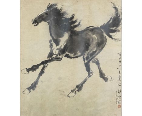 Manner of XU BEIHONG (1895-1953)Galloping HorseBlack ink and white pigment on fibrous paper, signed Xu Beihong, one seal of t