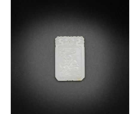 A WHITE JADE 'BOYS AND BUTTERFLIES' PLAQUEQing DynastyThe rectangular plaque with cusped corners, carved in low relief on one