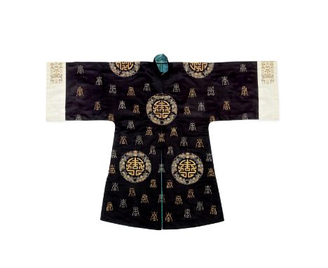 A DEEP AUBERGINE-GROUND SILVER AND GOLD-EMBROIDERED 'LONGEVITY' JACKET, 19TH CENTURY19th century Finely embroidered on the fr