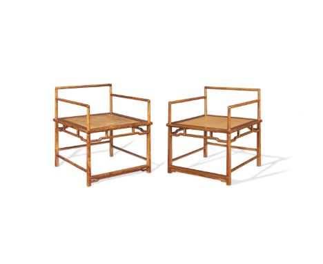 A pair of huanghuali 'meditation' chairs, chanyiEach with an elegant plain frame forming a low back and slender arms supporte