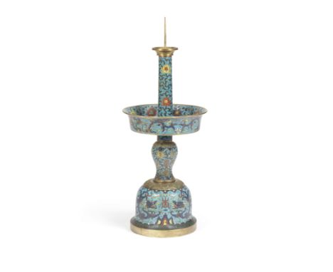 A large cloisonné enamel 'Dragon' pricket candlestickKangxiSupported on a bell-shaped base, finely decorated in bright enamel