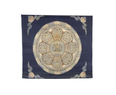 A MIDNIGHT-BLUE SILK BROCADE 'AMITAYUS' MANDALA18th century Finely embroidered in multi-coloured threads with an eight-petall