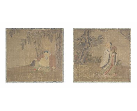 ANONYMOUS17th centuryTwo album-leaf paintings of ImmortalsInk and colour on silk, with silk-brocaded borders, one painting de