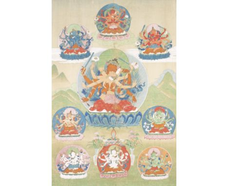 A THANGKA OF GUHYASAMAJA AND CONSORTEast Tibet, 18th centuryHanging scroll, distemper on cloth, with silk brocade and silver 