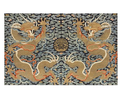 AN EXCEPTIONALLY LARGE IMPERIAL SILK KESI 'DOUBLE-DRAGON' WALL HANGINGQianlongThe impressive panel finely woven in gold and c