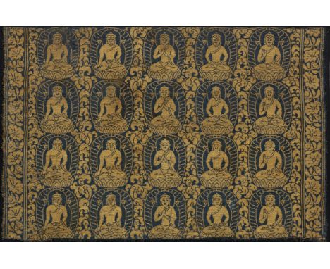 A RARE BLUE SILK LAMPAS 'FIVE DHYANI BUDDHAS' PANEL10th-13th centuryThe panel finely woven in gold thread with four rows, eac