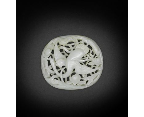 A pale green jade openwork 'Spring Water' oval plaqueMing DynastyIntricately carved in openwork and in layered relief to depi