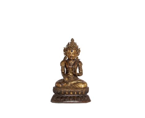 A LARGE PARCEL-GILT COPPER-ALLOY REPOUSSÉ FIGURE OF MAITREYATibet, 17th centurySeated in dhyanasana on a double-lotus base, w