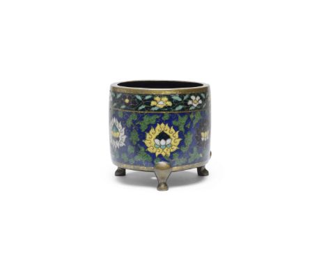 A rare cloisonné enamel tripod incense burner15th centuryOf curved cylindrical form supported on three legs, expertly enamell