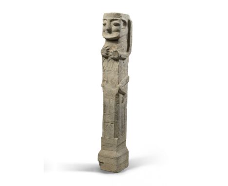 A VERY LARGE RARE GREY STONEWARE HUMAN-HEADED PILLARHan DynastyThe hollow rectangular pillar with two canted corners, moulded