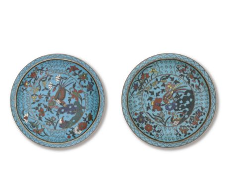 A PAIR OF CLOISONNÉ ENAMEL DISHES17th century Each finely decorated in red, yellow, blue, green and white enamels on a turquo