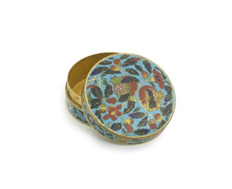 AN EXTREMELY RARE AND IMPORTANT CLOISONNÉ ENAMEL 'POMEGRANATES' CIRCULAR BOX AND COVERIncised Xuande six-character marks and 