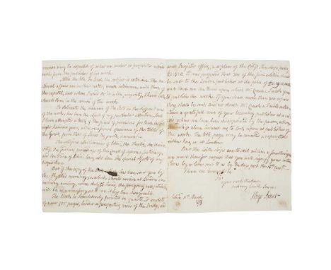 Arnot, Hugo (1749-1786) Autograph letter, signed to William Strahan, on the 11th March 1779, regarding the printing and publi