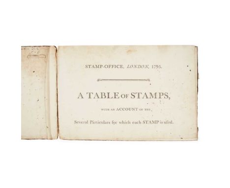 Great Britain – Stamp Office A Table of Stamps London: Stamp-Office, 1795. Oblong folio, contemporary half calf with red moro