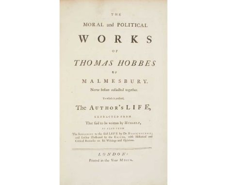 Hobbes, Thomas The Moral and Political Works London, 1750. Folio, portrait, additional engraved 'title page' for Leviathan, c