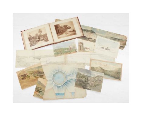 Watercolours, sketches and photographs 19th century portfolio, including West Indies and North America interest contents incl