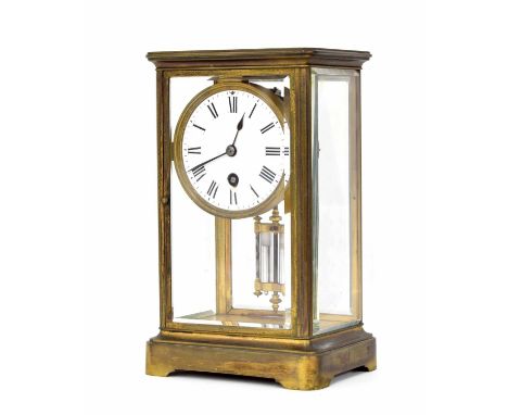 Small French brass single train four glass mantel clock, the 3.25" white dial within a bevelled glazed stepped case, 9.25" hi