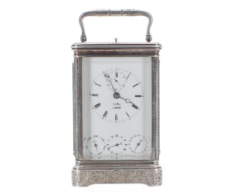 Fine French Le Roy repeater calendar carriage clock with alarm, the white enamel dial signed Le Roy á Paris, with Roman numer