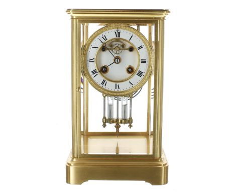 Good small French&nbsp;brass four glass two train mantel clock,&nbsp;the&nbsp;3.5" chapter ring enclosing a recessed centre w