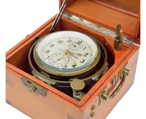 Russian two day marine chronometer, the 3.5" signed white dial no. 19843 with subsidiary state of wind and seconds dials, wit