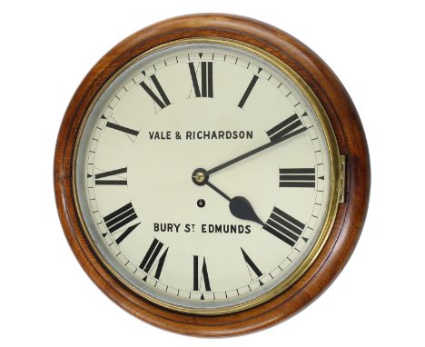 Oak single fusee 12" wall dial clock signed Vale &amp; Richardson, Bury St. Edmunds, within a turned surround (pendulum) 