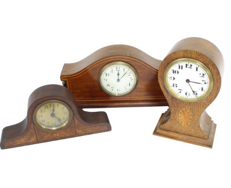 Buren oak inlaid balloon mantel clock timepiece with platform escapement; also two other mahogany small inlaid mantel timepie