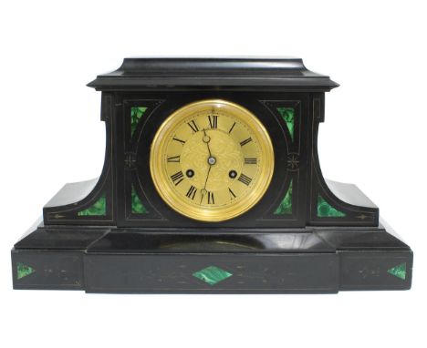 Good French black marble and malachite two train mantel clock, the movement back plate stamped A. Brocot &amp; Delettrez, Par