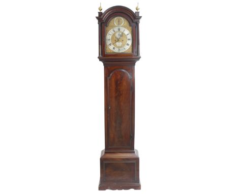 Mahogany eight day longcase clock, with five pillar movement and calendar chapter ring, the 12" brass arch dial signed Willia