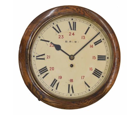 Good British Rail (Western) oak cased single fusee 12" wall dial clock, the cream dial inscribed Elliott B.R (W), with Roman 