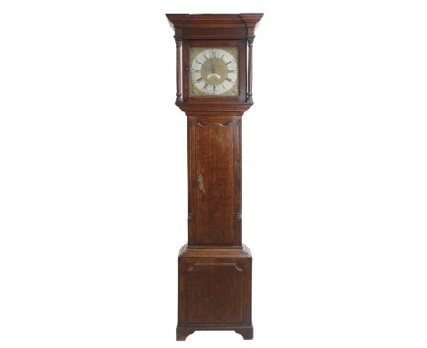 Oak thirty hour longcase clock, the 12" square brass dial signed Jonathan Lawson, Keighley on the silver chapter ring enclosn