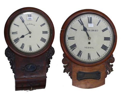 Mahogany single fusee 12" drop dial wall clock, signed J.H.Botterell within a turned surround; also a walnut single fusee dro
