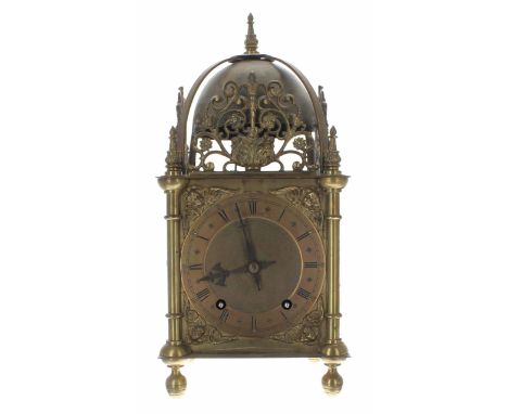 19th century brass two train lantern clock, the movement stamped Patent W&amp;H striking on a large bell, the 5.5" chapter ri