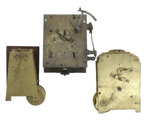 Two single fusee clock movements; also&nbsp;a four pillar plated mantel clock housing (3) 