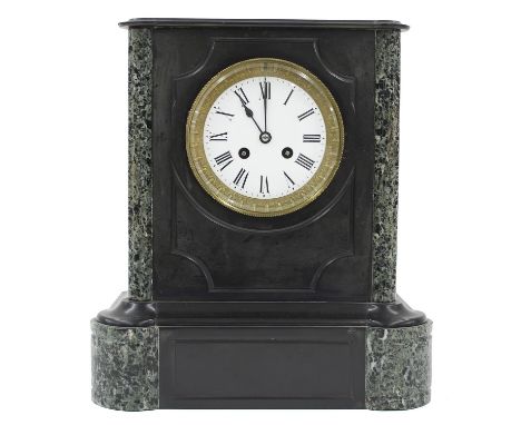 French black slate and green marble two train mantel clock striking on a bell, the 4" white dial within a pillared stepped ca