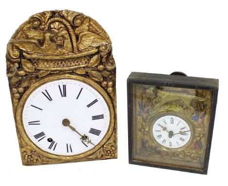 Comptoise two train wall clock, the 8.5" white convex dial within a gilt surround embossed with fruiting vines and nesting bi