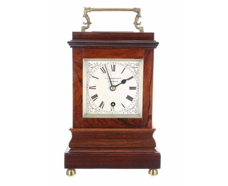Good small English rosewood single fusee library clock, the 4" silvered square dial signed C.J. Wagstaff, London, the movemen