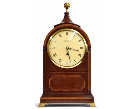 English mahogany and satinwood crossbanded single fusee bracket clock, the 7" cream dial signed G.W. Jarvis, 265, Portobella 