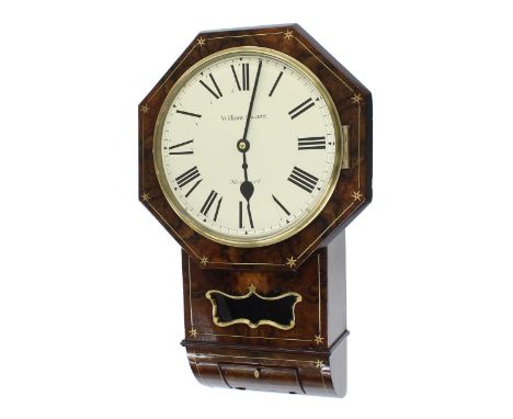 Good walnut single fusee 12" drop dial wall clock signed William Swann, Stockport, within an octagonal surround inlaid with b