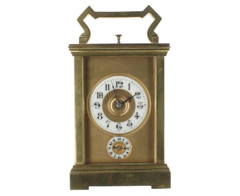 Good repeater&nbsp;carriage clock with alarm,&nbsp;the movement striking with three hammers on a gong, the 1.75" cream chapte