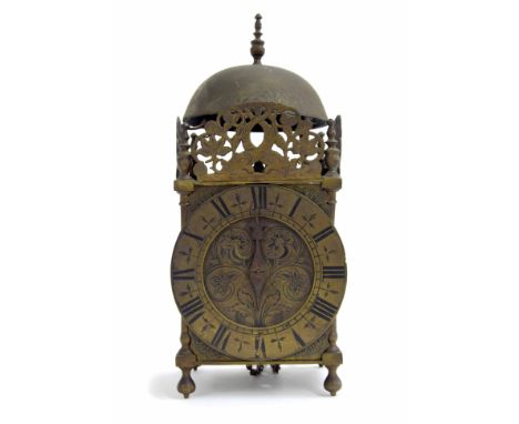 Interesting early English hook and spike brass lantern clock, the 5.75" brass chapter ring enclosing a foliate engraved centr