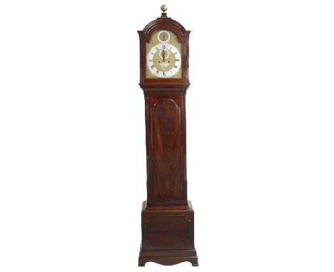 Good mahogany eight day longcase clock with five pillar movement, the 12" brass arched dial signed Wm. Smith, London on a sha