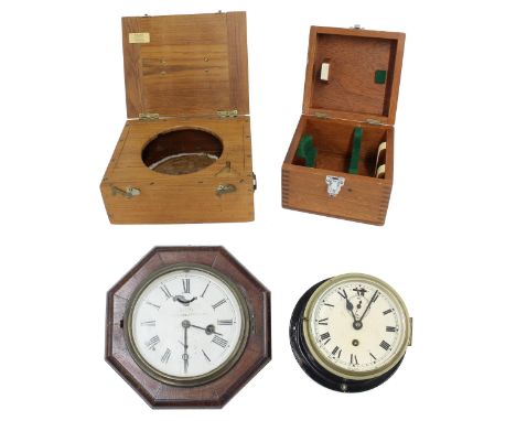 Ships bulkhead clock timepiece, the 5" cream dial with subsidiary seconds dial and slow/fast lever at twelve o'clock, within 