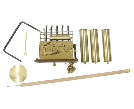 Contemporary three train longcase clock movement kit in need of assembly, the movement striking tubular bells with five hamme