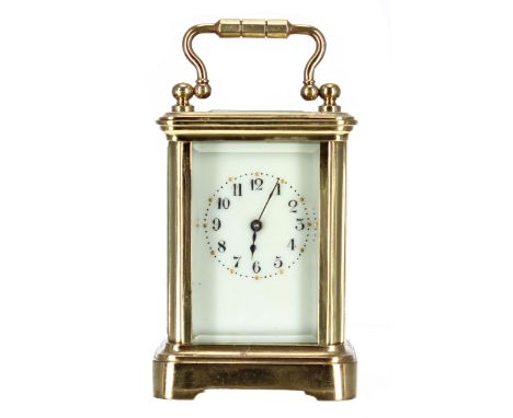Miniature carriage clock timepiece, the movement back plate signed E.C. Seble...Ambridge, within a corniche brass case, 3.75"