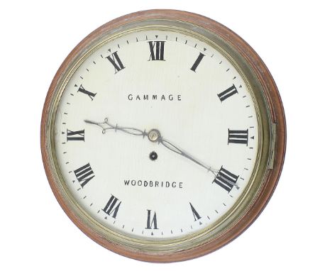 Mahogany single fusee 12" wall dial clock signed Gammage, Woodbridge, within a turned surround (WITH PENDULUM)