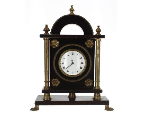 Small ebonised and gilt metal mounted mantel clock, the 15 jewel movement with three adjustments, the 2.75" white dial within