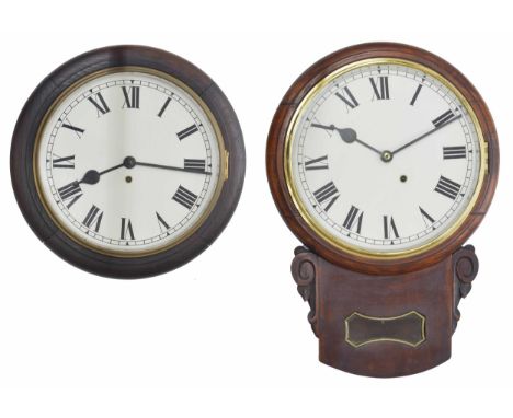 Mahogany single train 12" drop dial wall clock,&nbsp;within a turned surround over carved ears and a pendulum window (pendulu