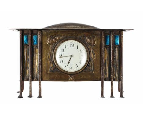 Good Arts &amp; Crafts silver plated and brass mantel clock timepiece in the manner of E.A. Walton, the movement with platfor