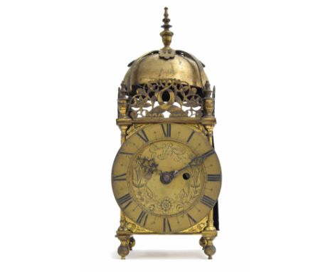 English brass double fusee lantern clock, the 6.5" chapter ring enclosing a foliate engraved centre signed Edmund Remching, R